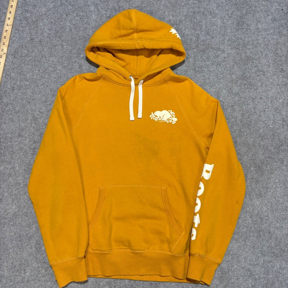 Roots Mens Mustard Yellow Beaver Logo Pullover Hoodie Sweatshirt Size Medium